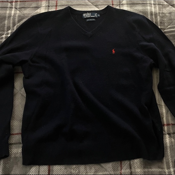 Used V Neck Polo Ralph Lauren merino wool sweater dark blue please read post 🏇 - Picture 1 of 3